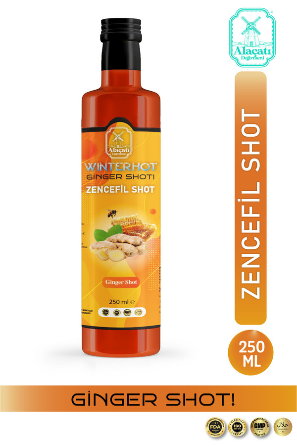 Alaçatı Değirmeni Ginger shot Zencefil Zerdeçal Karanfil Bal Nane Özü Hibiskus Kara Mürver C Vit 250ml İçecek