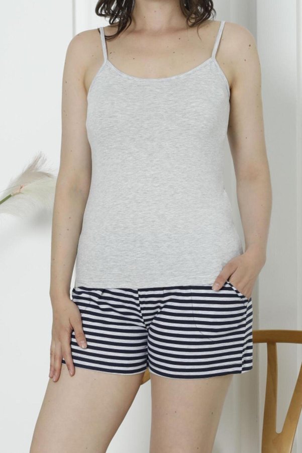 Nicoletta Kadın Şortlu Pijama Takımı İp Askılı Cepli Pamuklu Likrali GRİ