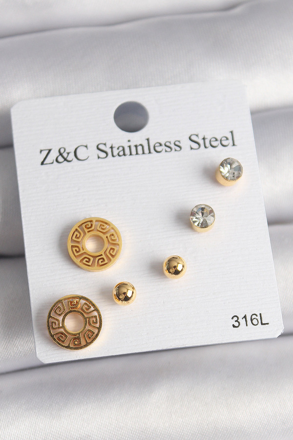 Tj 316L Çeli̇k Gold Renk Zi̇rkon Taşı Labi̇rent Model Kadın Küpe Seti̇ - Tj-Bkp10011