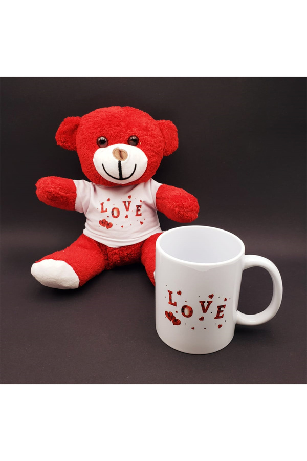 Love Tasarımlı Kupa Bardak Ve Kırmızı Ayıcık Seti̇ Tdrtr
