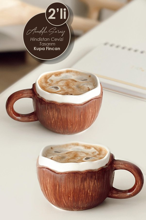 Anadolu Saray 2 Adet El Yapımı Seramik Hindistan Cevizi Tasarım Mug Kupa Fincan Handmade Mug Fincan Kahve Kupası