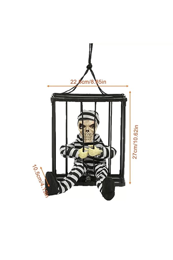 Hareketli̇ Sesli̇ Sensörlü Mahkum Görünümlü Kuru Kafa İskelet Dekorasyon 22X27 Cm