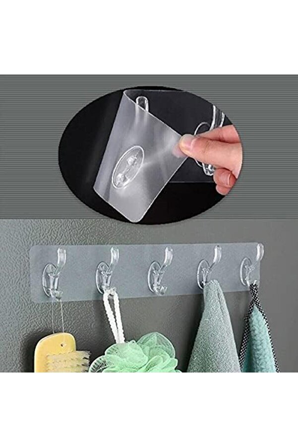 E Kendi̇nden Yapışkanlı Güçlü Şeffaf 5 Kancalı Askılık, Kapı Arkası, Mutfak, Duvar, Banyo