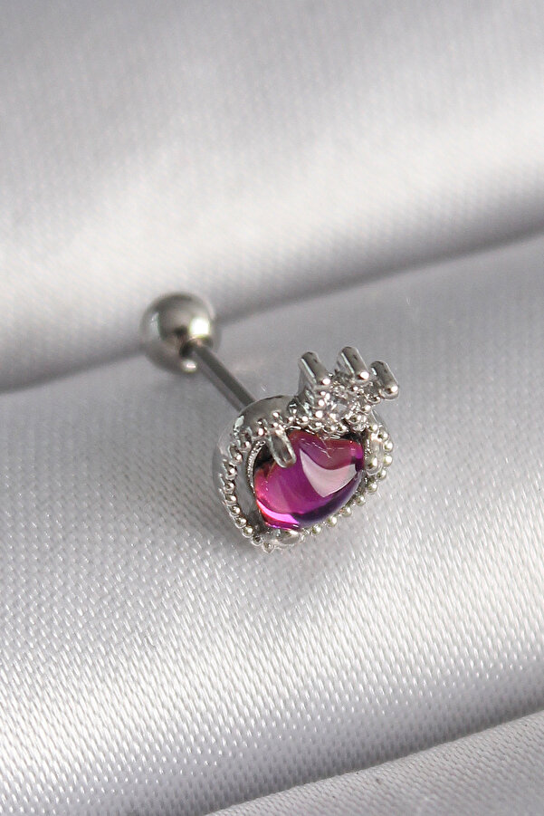 Evi̇mdeyokyok 316L Çeli̇k Gümüş Renk Pembe Mi̇neli̇ Kalp Zi̇rkon Taş Detaylı Taç Tragus Pi̇erci̇ng Tj-Pr1263