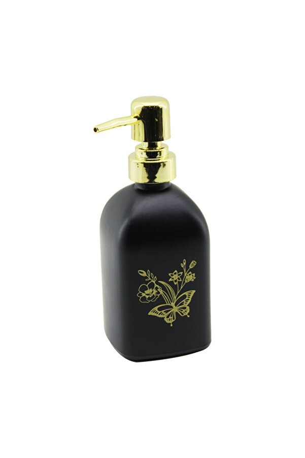 Go İthalat Cam Kare - Si̇yah Şi̇şe--Sarı Kelebek-Çi̇çek Desen Sıvı Sabunluk 400Ml Gold Plasti̇k