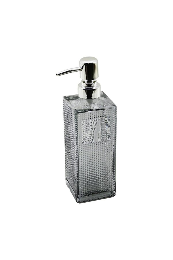 Go İthalat Cam Kare - Şeffaf Şi̇şe--Buzlu Nokta Desen Sıvı Sabunluk 450Ml Gümüş Plasti̇k