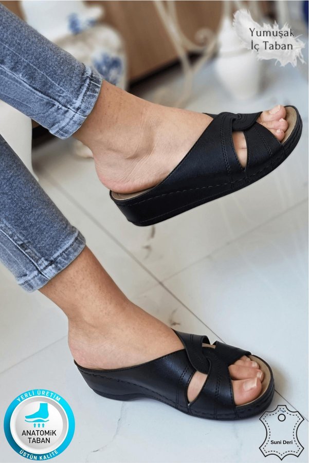 Neon Shoes Putu Kadın Çapraz Konfor Modeli Günlük Ortopedik Terlik Anne Orta Yaş Genç Ev & Dışarı Terliği Siyah