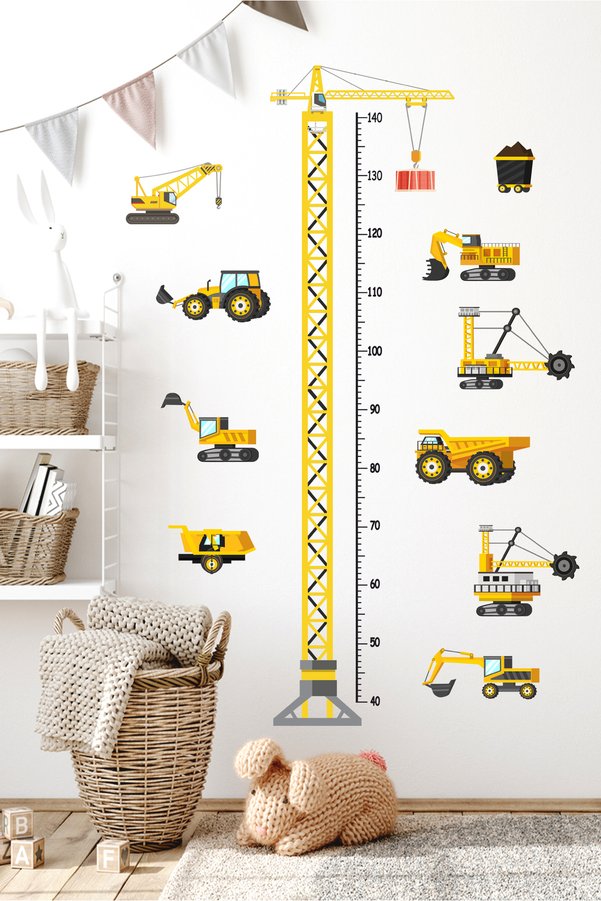 Sticker Sepetim Vinç ve Minik İş Makineleri Boy Ölçer Çocuk Odası Duvar Sticker