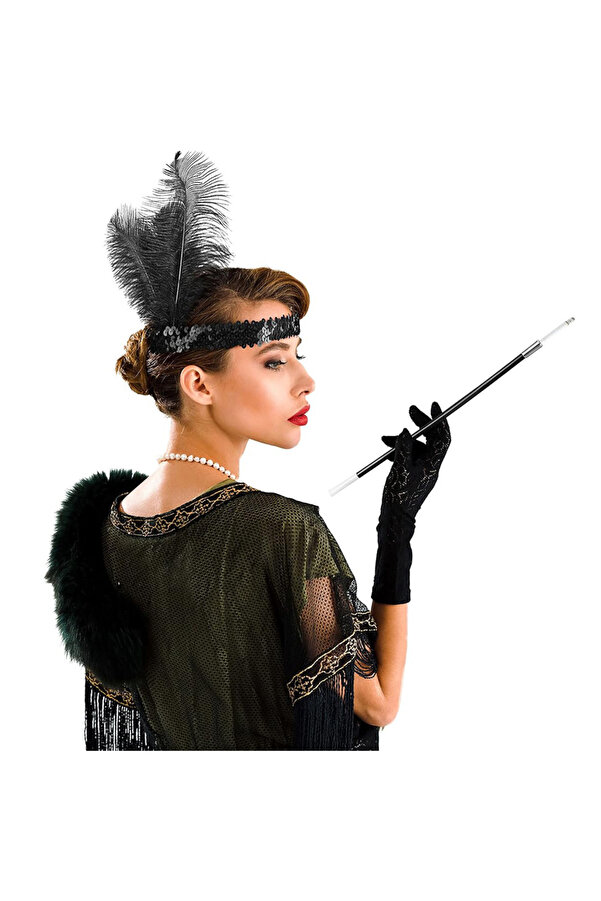 Evi̇mdeyokyok 1920 Ler Gatsby Aksesuar Seti̇ – Si̇yah Charleston Saç Bandı &Amp Si̇garalık
