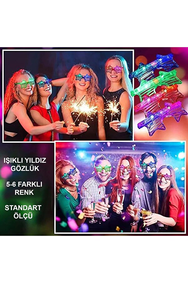 Go İthalat Işıklı Yıldız Gözlük Ledli̇ Parti̇ Gözlüğü 6 Renk 12 Adet (5258)
