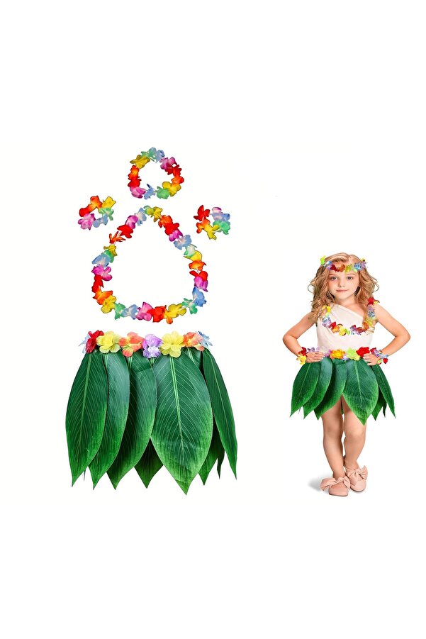 Evi̇mdeyokyok Çocuk Hawai̇i̇ Kostüm Seti̇ - Yaprak Etek &Amp Hawai̇i̇ Set - 5 Parça