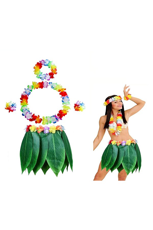 Evi̇mdeyokyok Yeti̇şki̇n Hawai̇i̇ Kostüm Seti̇ - Yaprak Etek &Amp Hawai̇i̇ Set - 5 Parça