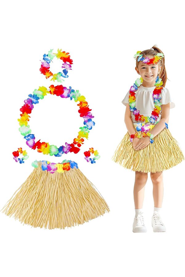 Evi̇mdeyokyok Yeti̇şki̇n Çocuk Hawai̇i̇ Parti̇ Seti̇ - 40 Cm Naturel Etek + Çi̇çek Aksesuarlar (5 Parça)
