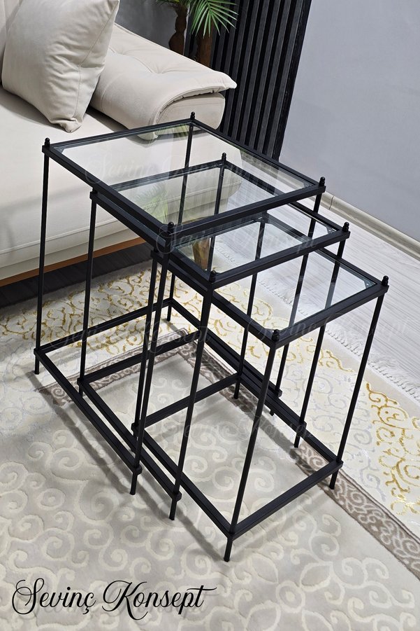 SEVİNÇ KONSEPT 3 lü Vera Black Şeffaf Camlı Çok Amaçlı Metal Zigon Yan Sehpa