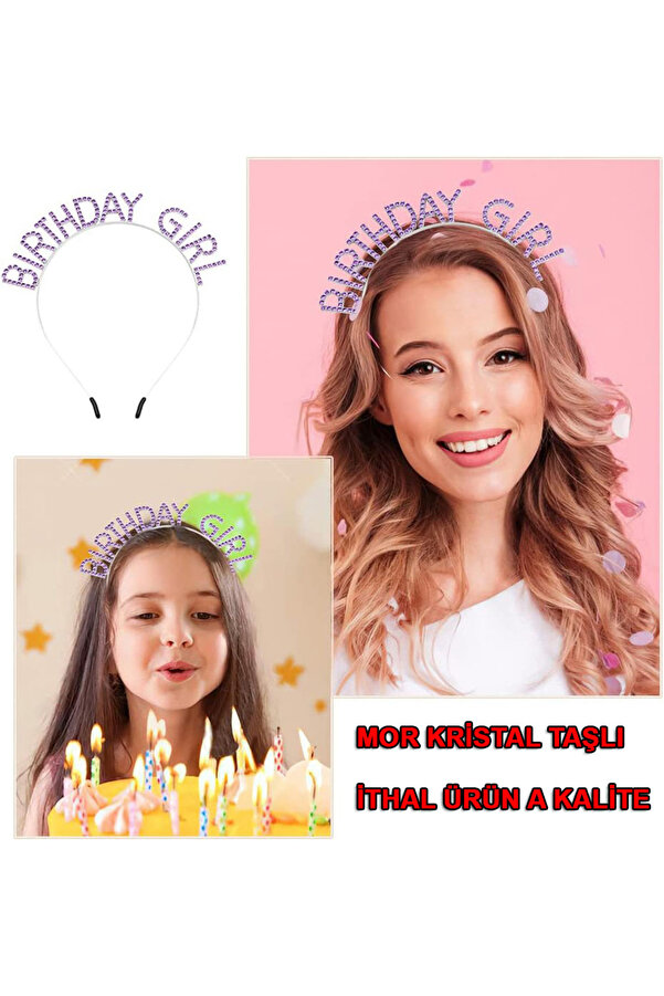 Ethab Ti̇caret Mor Renk Kri̇stal Taşlı Parlak Bi̇rthday Gi̇rl Yazılı Taç
