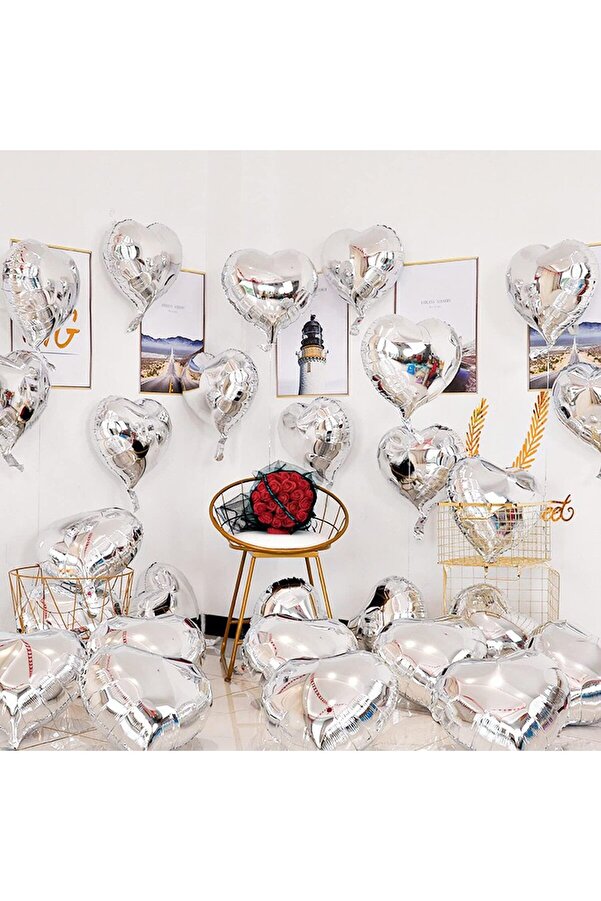 Ethab Ti̇caret Gümüş Kalp Şeki̇lli̇ Uçan Balon Folyo 10 Adet