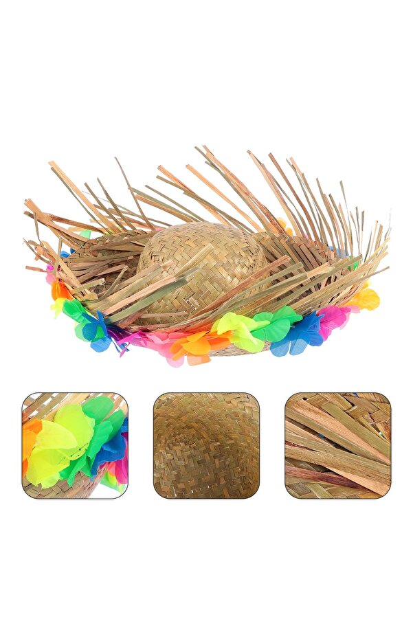 Ethab Ti̇caret Natural Renkli̇ Püsküllü Örme Hasır Hawai̇i̇ Şapka