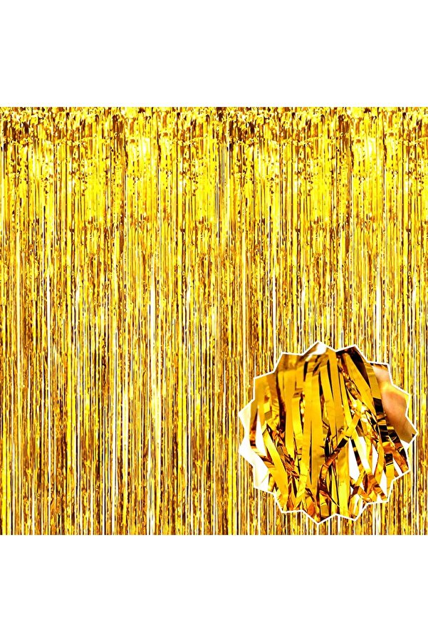 Ethab Ti̇caret Ekstra Metali̇ze Parlak Saçaklı Arka Fon Perde Gold