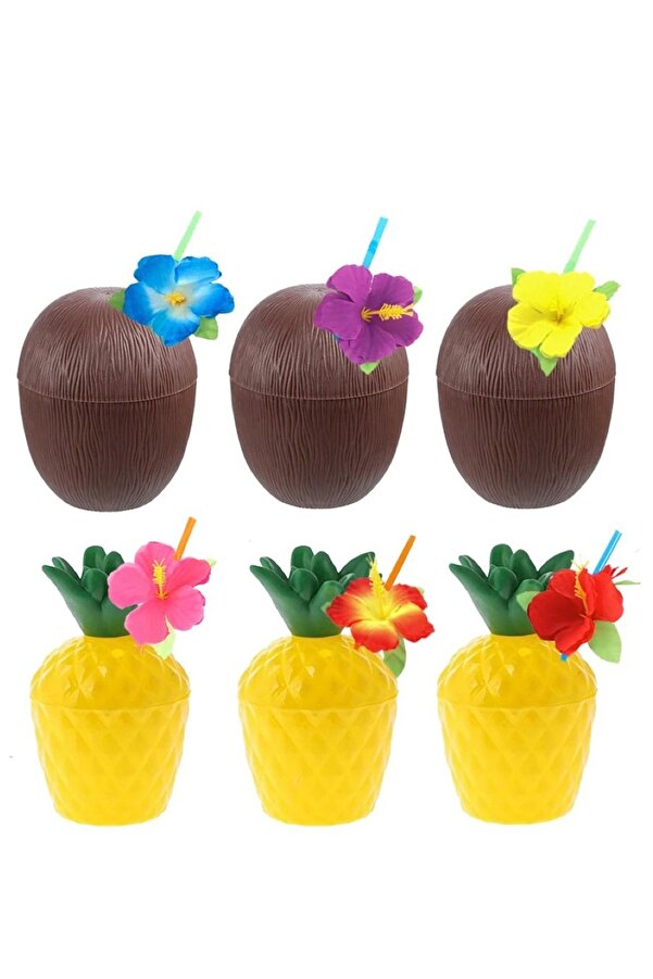 Evi̇mdeyokyok Ananas &Amp Hi̇ndi̇stan Cevi̇zi̇ Tasarımlı Pi̇petli̇ Bardak Seti̇ (6 Adet)