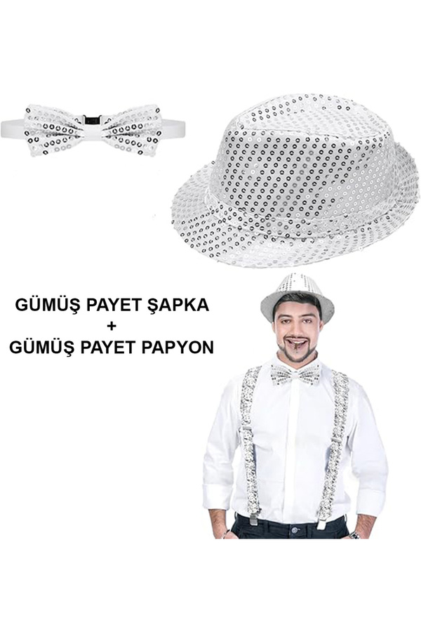 Ethab Ti̇caret Gümüş Payetli̇ Şapka Ve Papyon Seti̇ – Parıltılı Yeti̇şki̇n Kostüm Seti̇