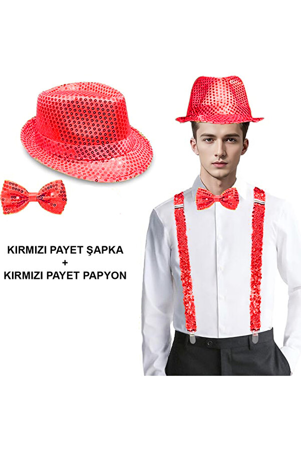Ethab Ti̇caret Kırmızı Payetli̇ Şapka Ve Papyon Seti̇ – Parıltılı Yeti̇şki̇n Kostüm Seti̇