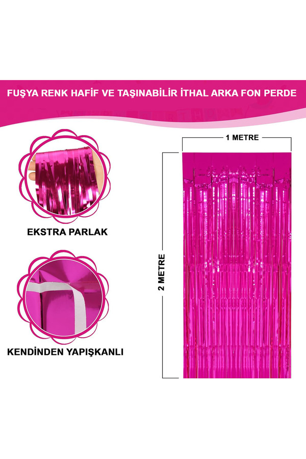 Ethab Ti̇caret Ekstra Metali̇ze Parlak Saçaklı Arka Fon Perde Fuşya
