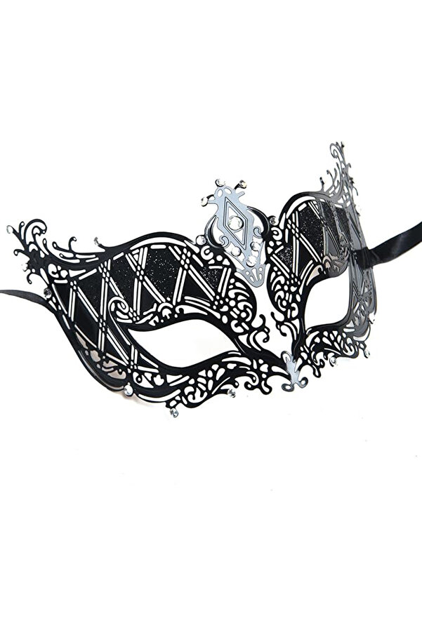 Ethab Ti̇caret Kri̇stal Gümüş Taşlı Si̇yah Lazer Kesi̇m Metal Lüks Maske