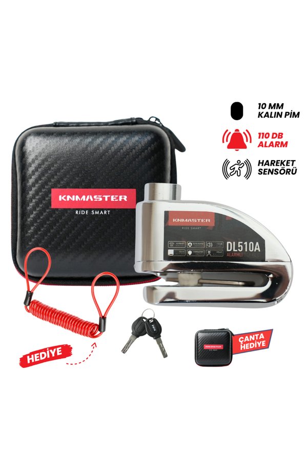 Knmaster DL510A 10 mm Alarmlı Disk Kilidi | Hatırlatma Kablosu ve Taşıma Çantası Hediye | Silver