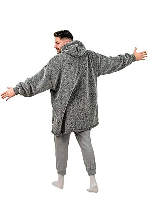 Oversi̇ze Gi̇yi̇lebi̇li̇r Battani̇ye Tek Beden Çok Rahat Hoodi̇e Peluş Kapüşonlu Sweatshi̇rt (Gri̇-Si̇yah) 10