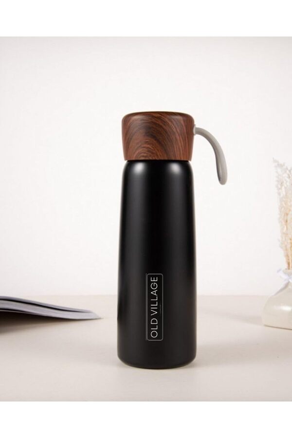 Snshop Vi̇llage Concept Paslanmaz Çeli̇k 400 Ml Ahşap Desen Kapaklı Vakum Seyahat Termosu, Su Şi̇ş
