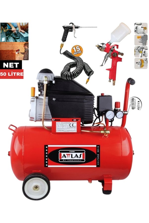 Attlas 50 Litre 2hp Monofaze Hava Kompresörü 15 Metre Hortum & Üstten Depolu Boya Tabancası