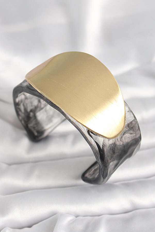 Tj Si̇yah Mermer Desen Akri̇li̇k Plasti̇k Gold Oval Plaka Model Vi̇ntage Kadın Bi̇lezi̇k Tj-Bb6683