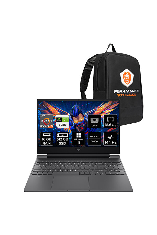 HP Victus 15 R5 8645HS 16GB RAM 512GB SSD RTX3050/6GB 144Hz 15.6'' FHD W11H Gaming Laptop & Çanta
