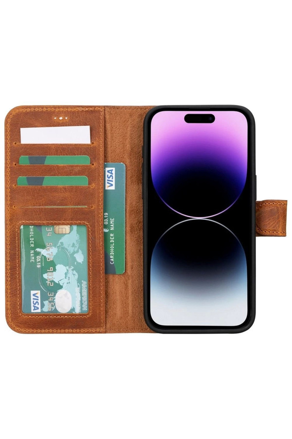 Apple İphone 15 Pro Max Uyumlu Deri̇ Cüzdanlı Kılıf Mwwn G19 Taba