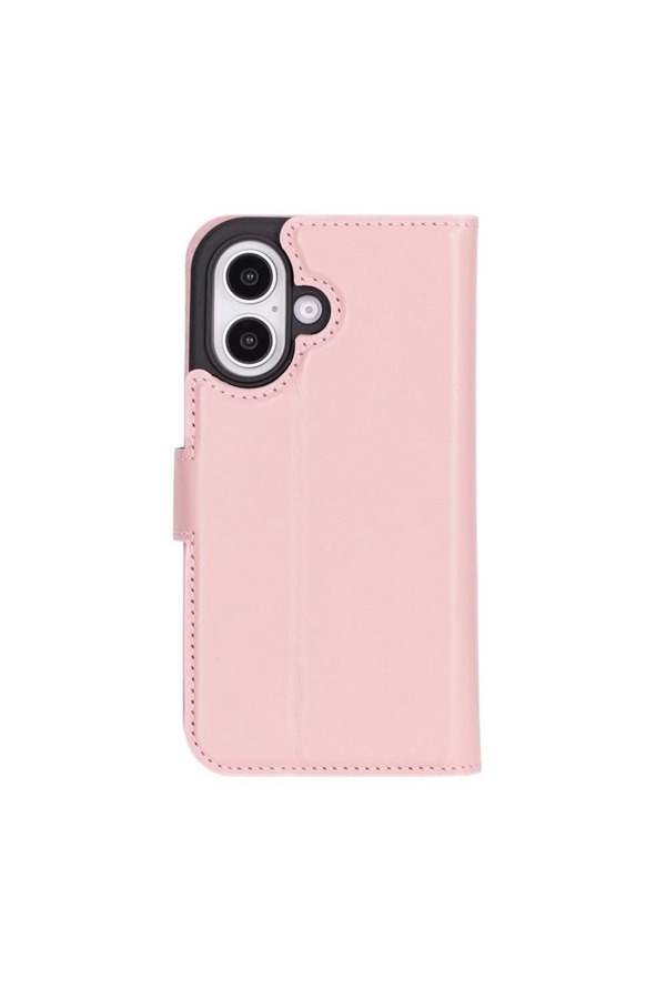 Apple İphone 16 Plus Uyumlu, Haki̇ki̇ Deri̇, El Yapımı, Cüzdanlı Kılıf, Toz Pembe