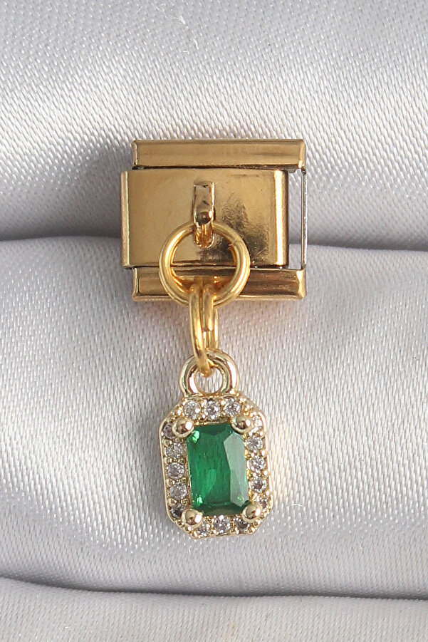 Evi̇mdeyokyok 316L Çeli̇k Gold Renk Sallantı Kare Yeşi̇l Zi̇rkon Taşlı Nomi̇nati̇on Charm Tj-Bc1352