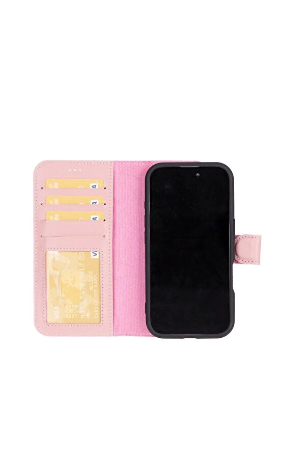 Apple İphone 16 Plus Uyumlu, Haki̇ki̇ Deri̇, El Yapımı, Cüzdanlı Kılıf, Toz Pembe