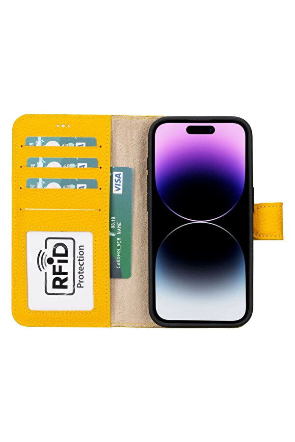 Apple İphone 15 Pro Uyumlu Deri̇ Cüzdanlı Kılıf Mwwn Fl12 Sarı