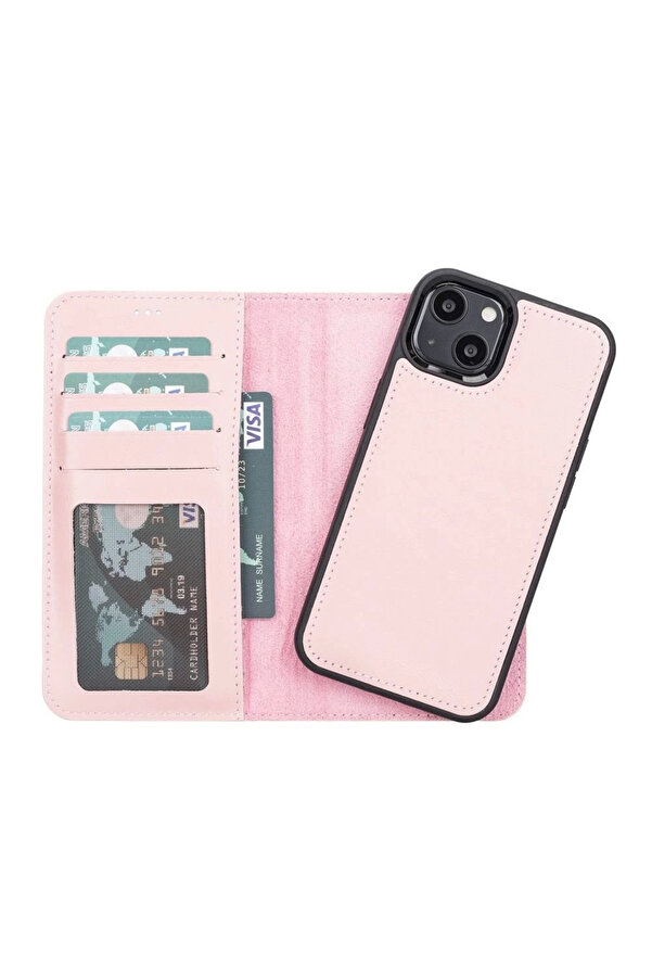 Apple İphone 13 Uyumlu Deri̇ Cüzdanlı Kılıf Nu2 Pembe