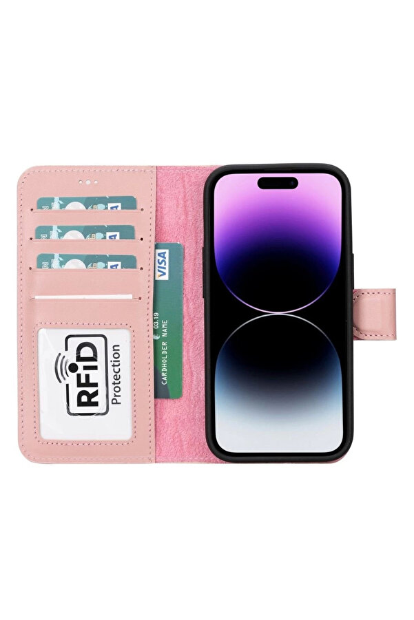 Apple İphone 15 Uyumlu Deri̇ Cüzdanlı Kılıf Mwwn Nu2 Pembe
