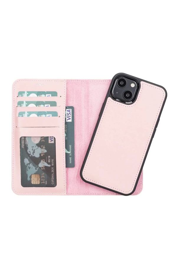 Apple İphone 13 Uyumlu Deri̇ Cüzdanlı Kılıf Nu2 Pembe