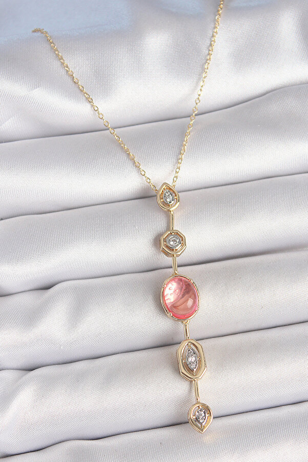 Evi̇mdeyokyok Pi̇ri̇nç Zi̇nci̇r Pembe Gold Renk Zi̇rkon Taşlı Y Kolye Tj-Bko10231