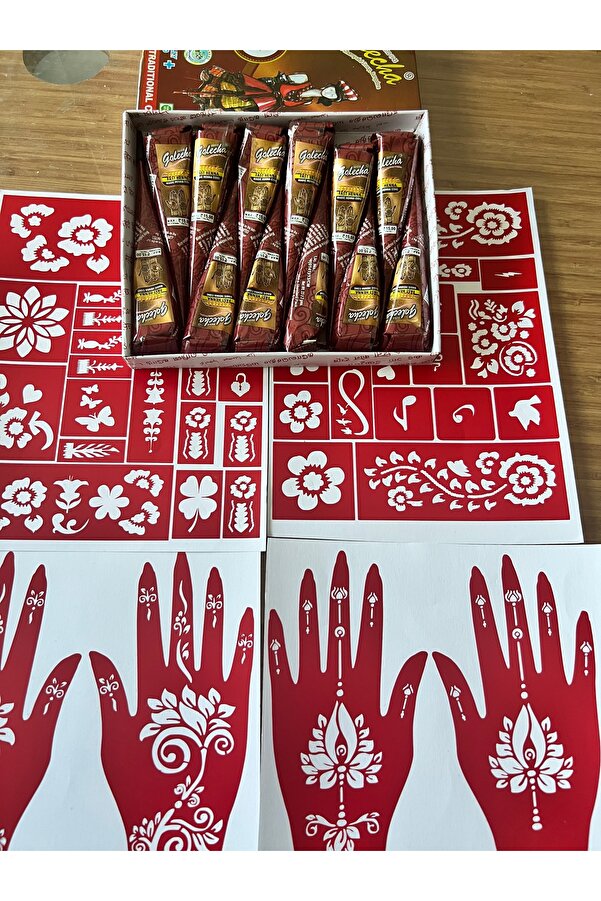 Ai̇rbrush Tattoo Golecha 12 Adet Doğal Kına Rengi̇ Ve 4 Sayfa El Vücut Süsleme Şablonu Hedi̇yeli̇