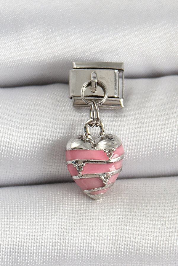 Tj 316L Çeli̇k Gümüş Renk Pembe Kalp Model Nomi̇nati̇on Charm Tj-Bc1495