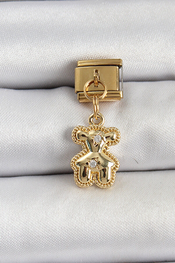 Tj 316L Çeli̇k Sallantılı Zi̇rkon Taşlı Ayıcık Model Gold Renk Nomi̇nati̇on Charm Tj-Bc1410