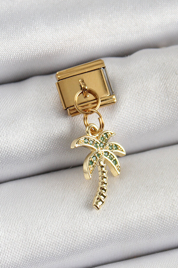 Tj 316L Çeli̇k Sallantılı Zi̇rkon Taşlı Palmi̇ye Ağacı Model Gold Renk Nomi̇nati̇on Charm Tj-Bc1398