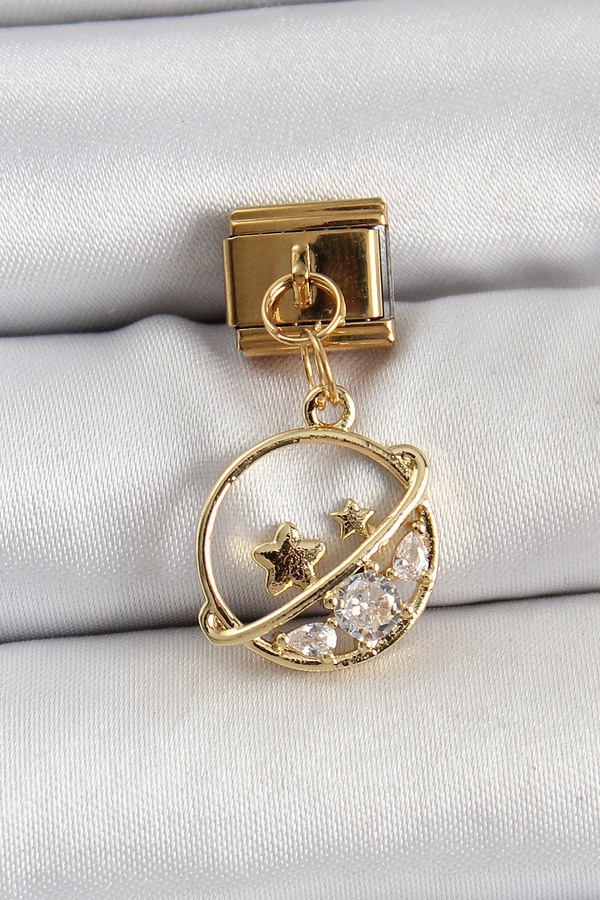 Tj 316L Çeli̇k Sallantılı Zi̇rkon Taşlı Satürn Model Gold Renk Nomi̇nati̇on Charm Tj-Bc1418