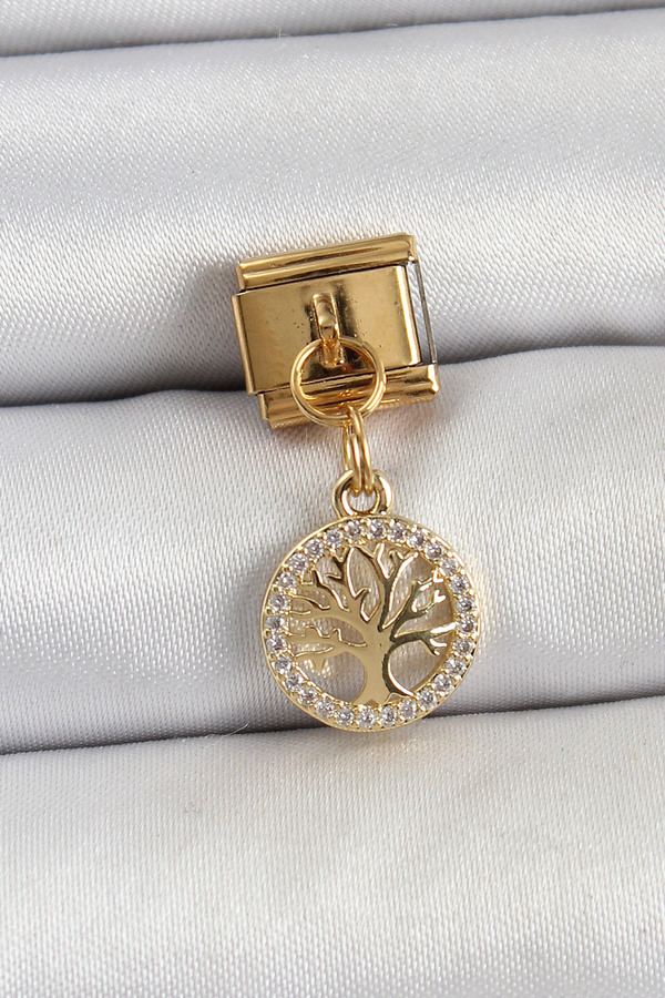 Tj 316L Çeli̇k Sallantılı Zi̇rkon Taşlı Hayat Ağacı Model Gold Renk Nomi̇nati̇on Charm Tj-Bc1422