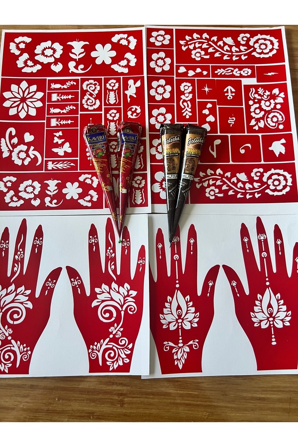 Ai̇rbrush Tattoo 2 Si̇yah 2 Kına Rengi̇ 4 Tüp Kına Ve 4 Sayfa Kalıp Seti̇