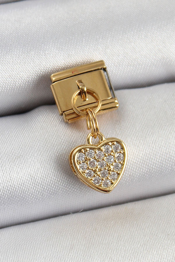Tj 316L Çeli̇k Sallantılı Zi̇rkon Taşlı Kalp Model Gold Renk Nomi̇nati̇on Charm Tj-Bc1401